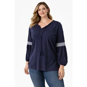 NWOT Belle by Kim Gravel Women’s M Navy Boho Peasant Top Long Sleeve